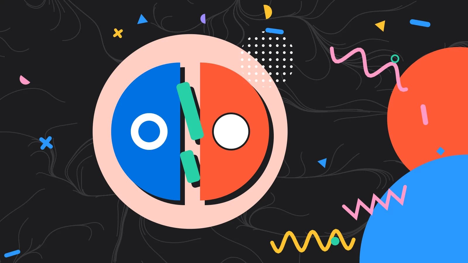 Illustration for from spreadsheets to software: two half circles facing each other across a slashed line, in coral and mint on black.