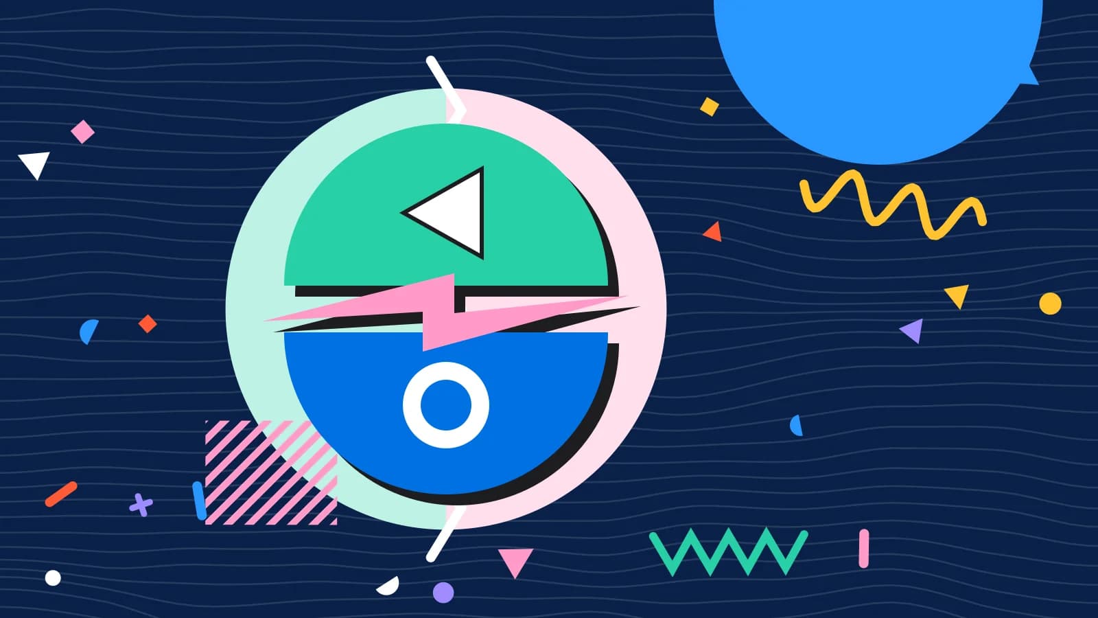 Illustration for front of house vs back of house: two half circles facing each other across a lightning bolt, in mint and pink on navy.