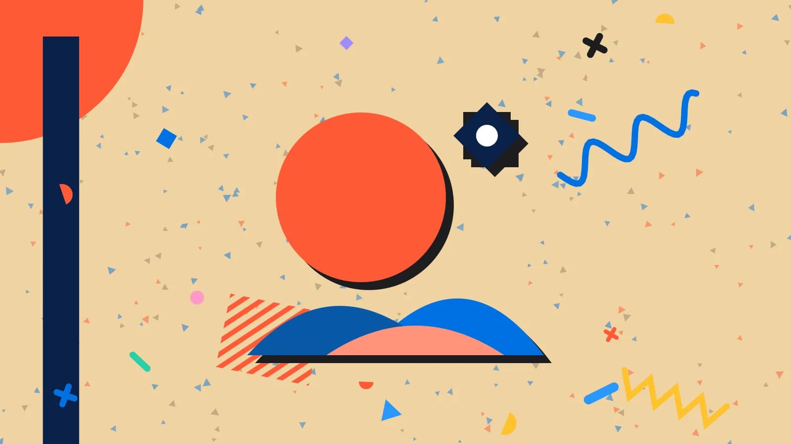 Illustration for gcc restaurant trends: a sun setting behind layered dunes, with an eight point star, in blue and coral on sand.