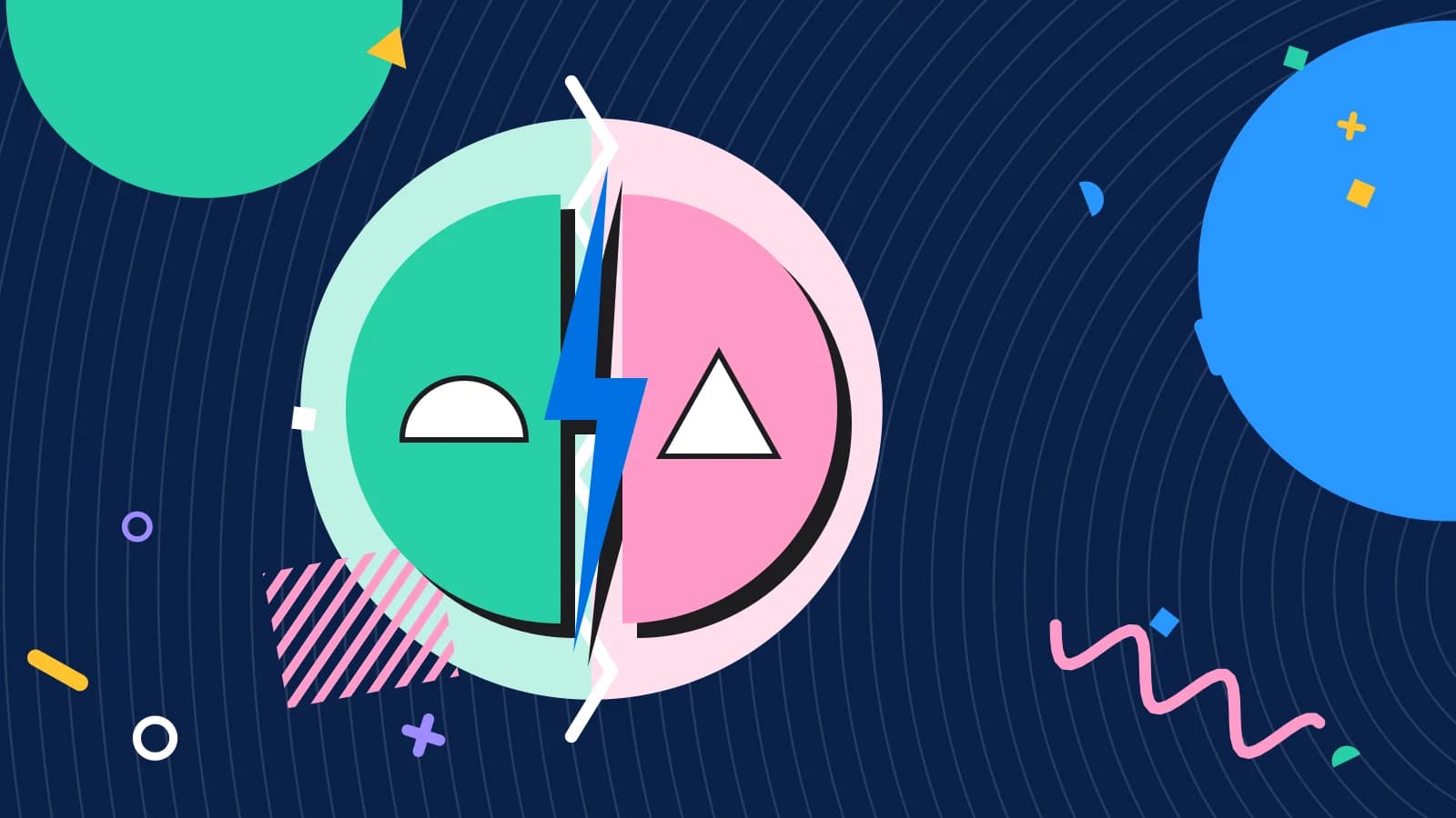 Illustration for ghost kitchen vs cloud kitchen: two half circles facing each other across a lightning bolt, in mint and pink on navy.