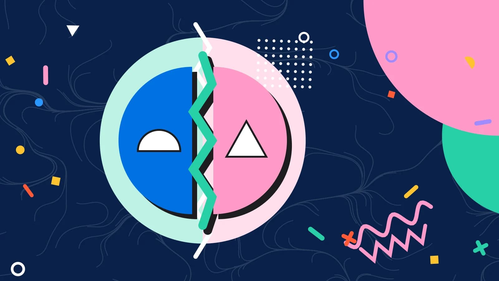 Illustration for google business profile vs a website: two half circles facing each other across a zigzag, in mint and pink on navy.