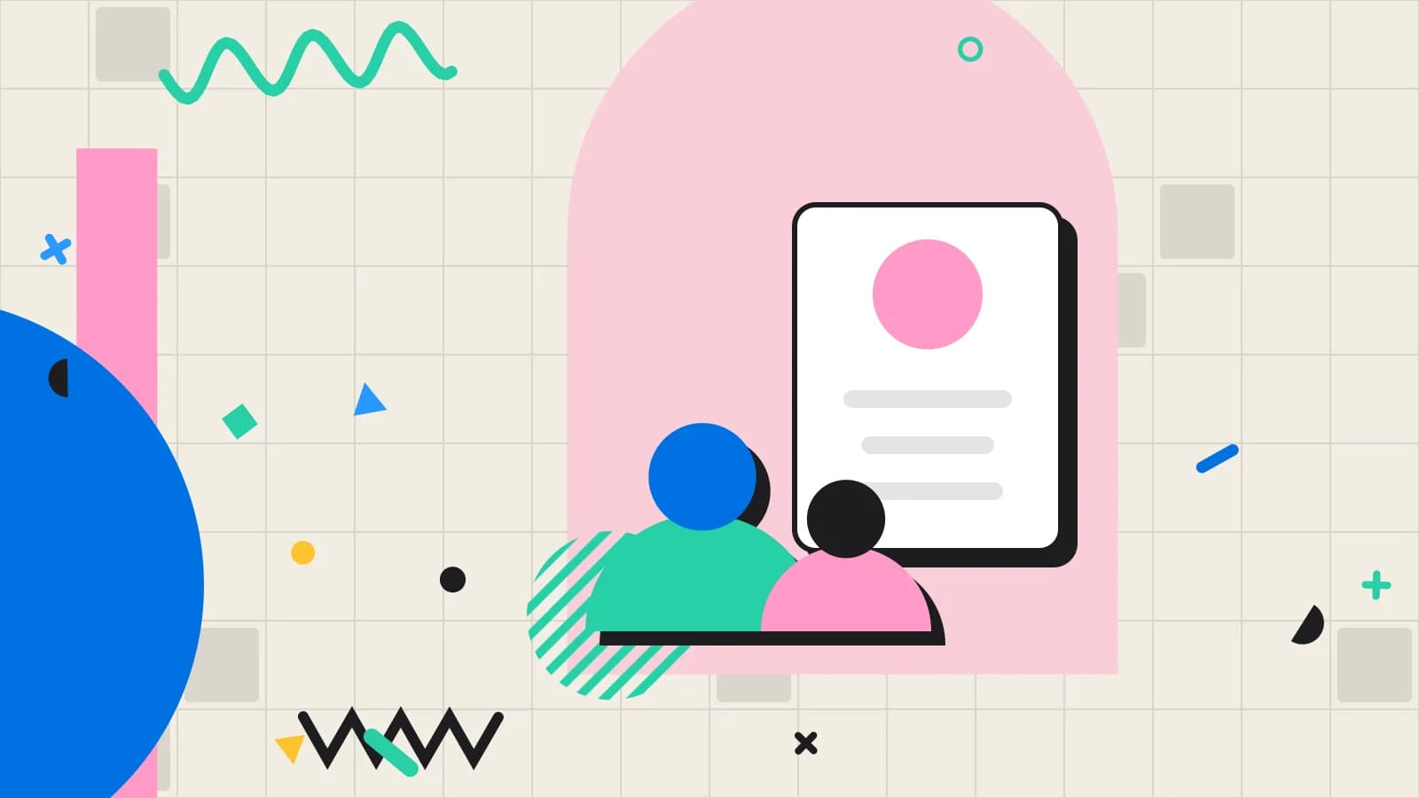 Illustration for guest data: figures made of circles and arches beside a guest profile card, in pink and mint on cream.