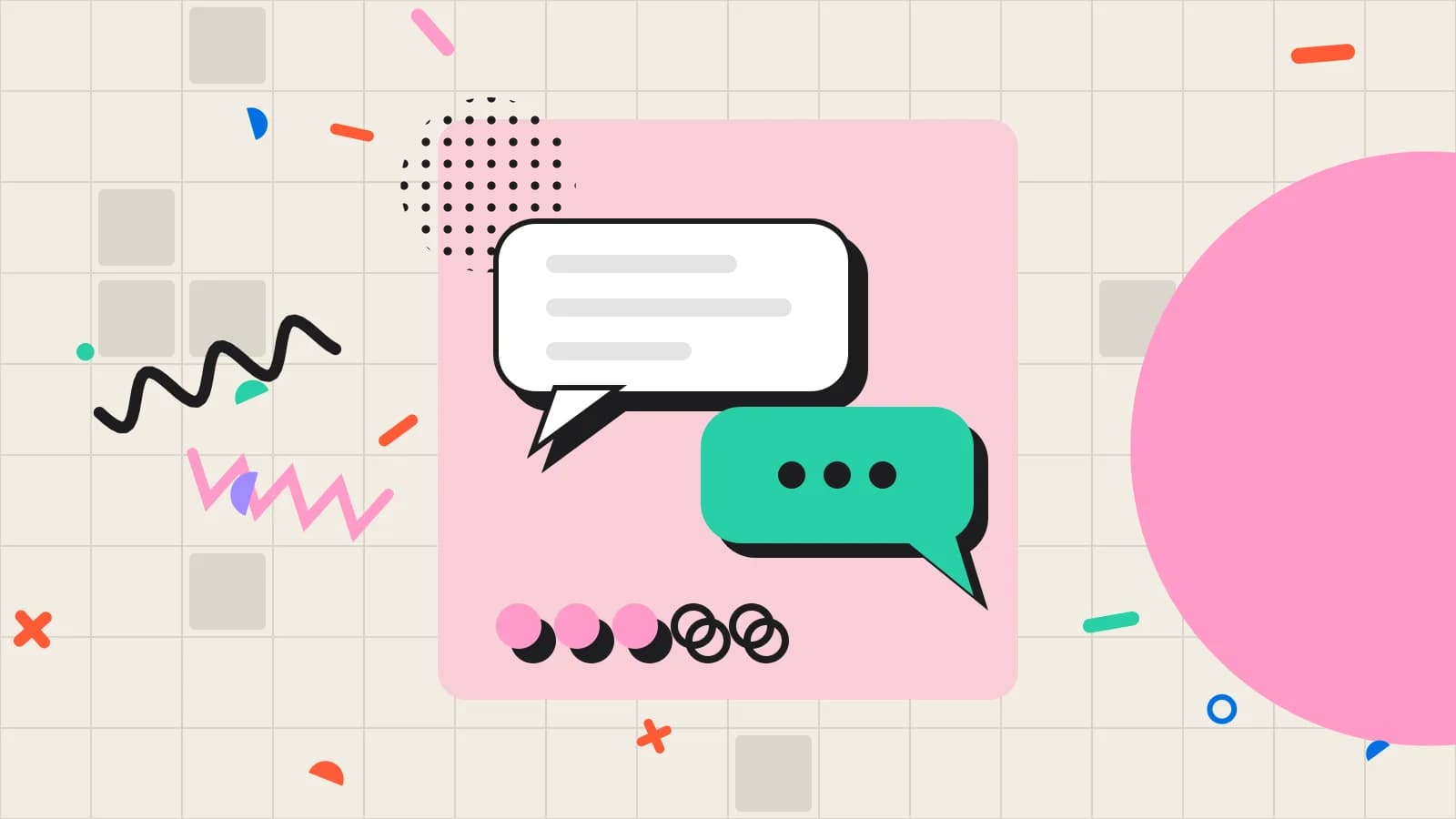 Illustration for guest feedback: speech bubbles above a row of rating dots, in pink and mint on cream.