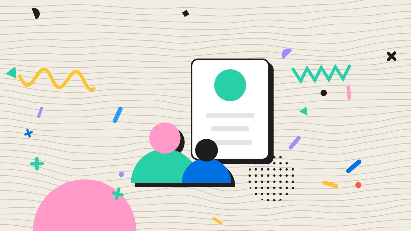 Illustration for guest privacy: figures made of circles and arches beside a guest profile card, in pink and mint on cream.