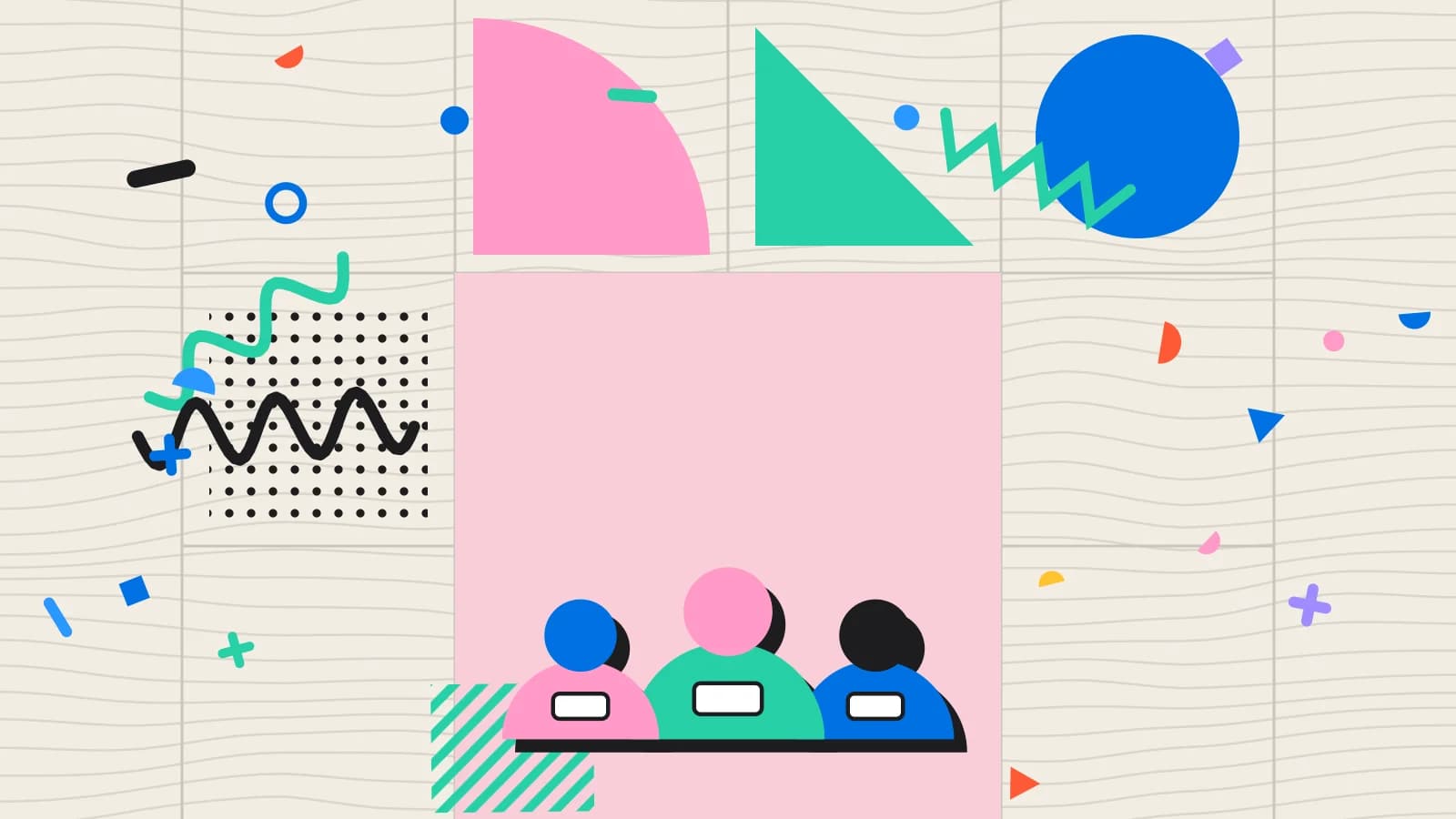 Illustration for guest profiles: three figures made of circles and arches, wearing name tags, in pink and mint on cream.