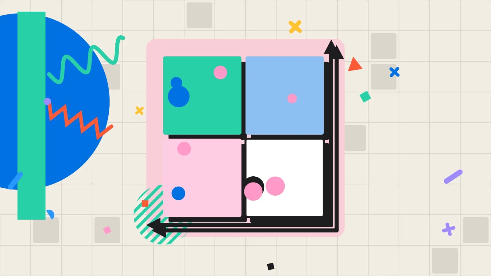 Illustration for guest segments: a four quadrant matrix with dishes plotted on it, in pink and mint on cream.