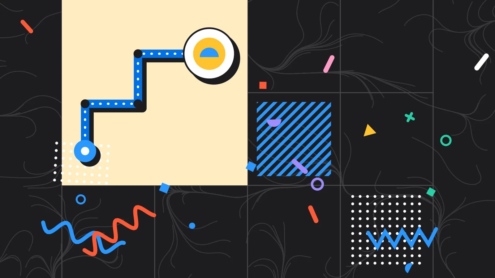 Illustration for handling a rush: a route from the table to the pass, ending at a plate, in yellow and light blue on black.