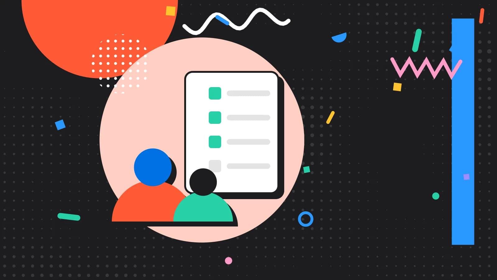 Illustration for hiring restaurant staff: figures made of circles and arches beside a checklist, in coral and mint on black.