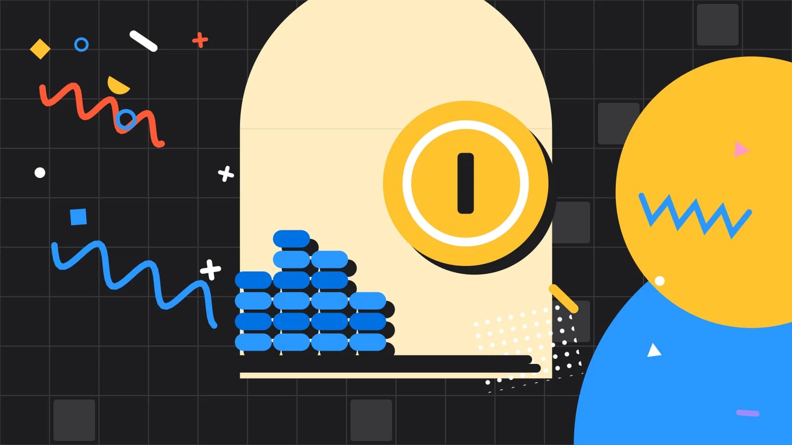 Illustration for how much does a kitchen display system cost: stacked coins beside a large coin, in yellow and light blue on black.