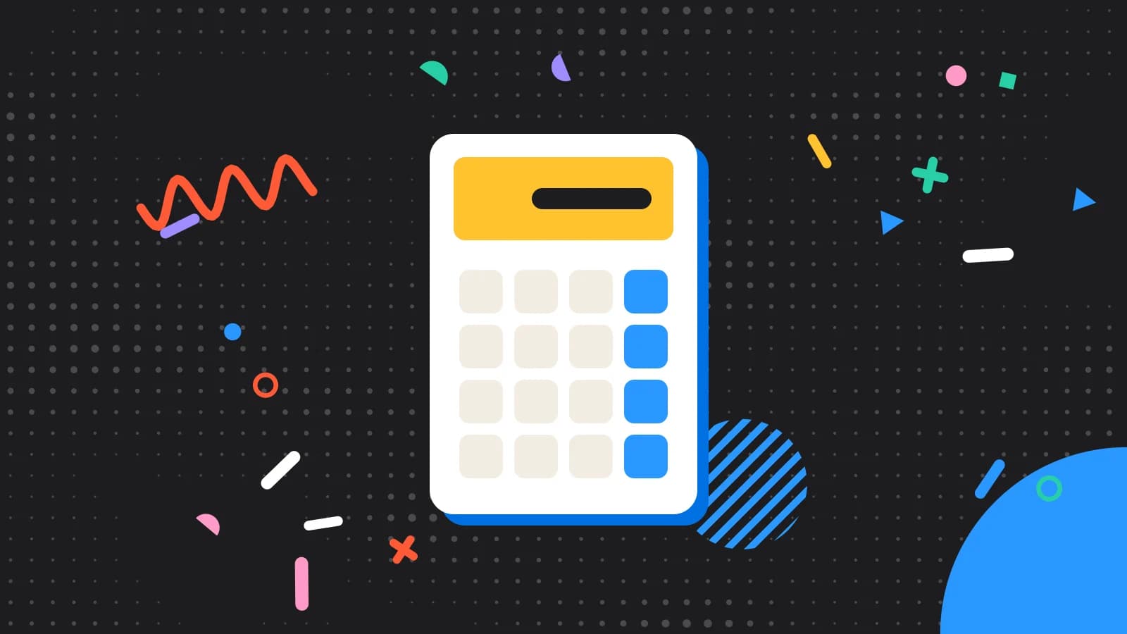 Illustration for how much does a pos cost: a calculator with a keypad of coloured keys, in yellow and light blue on black.