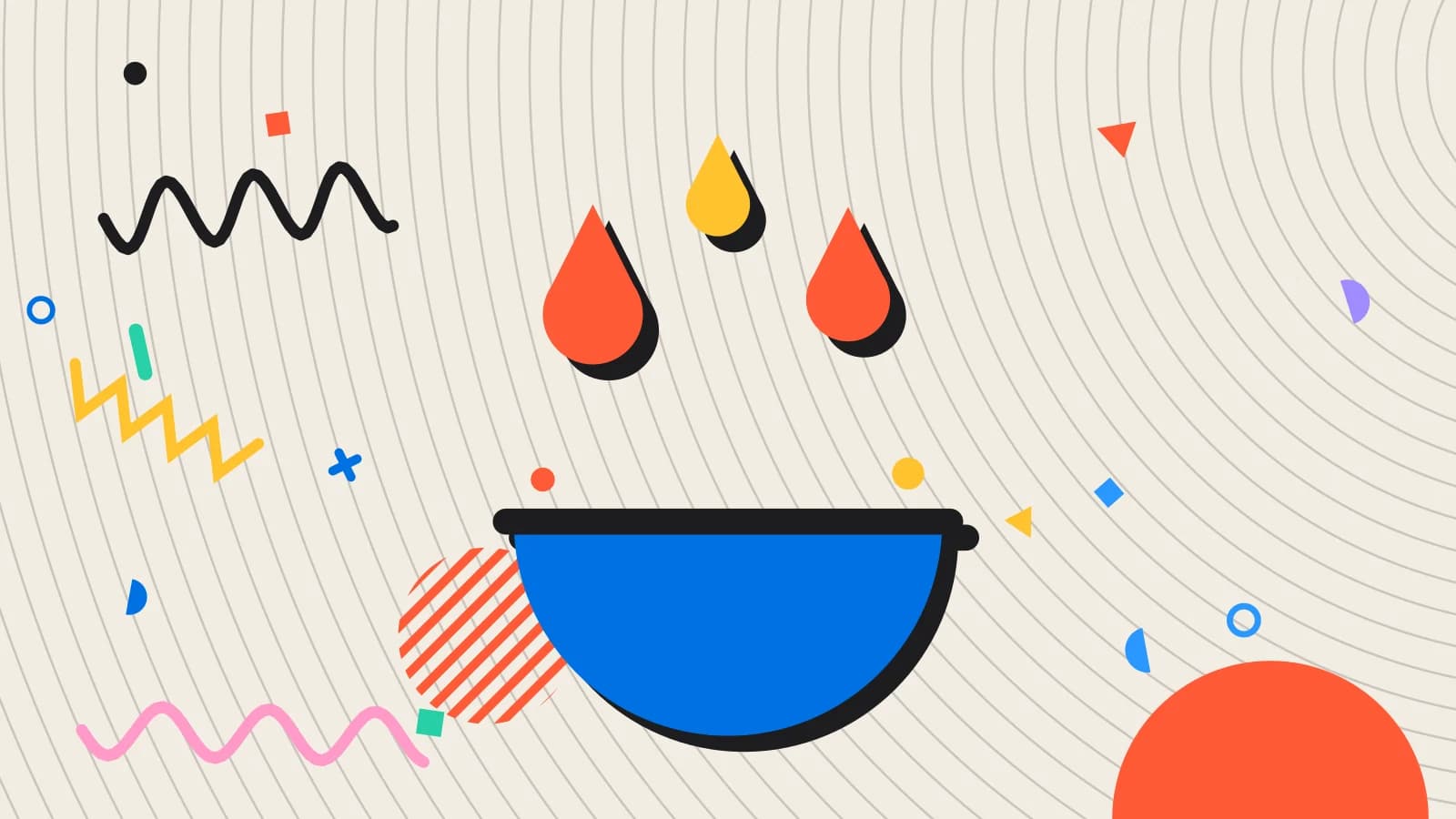 Illustration for reduce food waste: drops falling into a bowl, in yellow and coral on cream.
