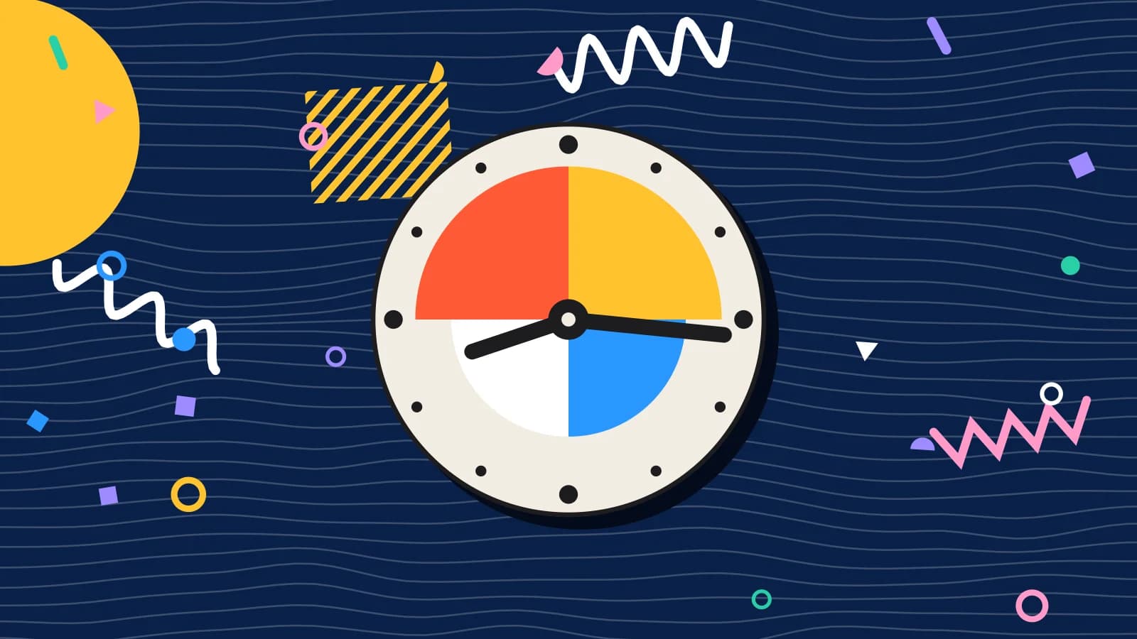 Illustration for reduce no shows: a clock face made of quarter circles, in coral and yellow on navy.