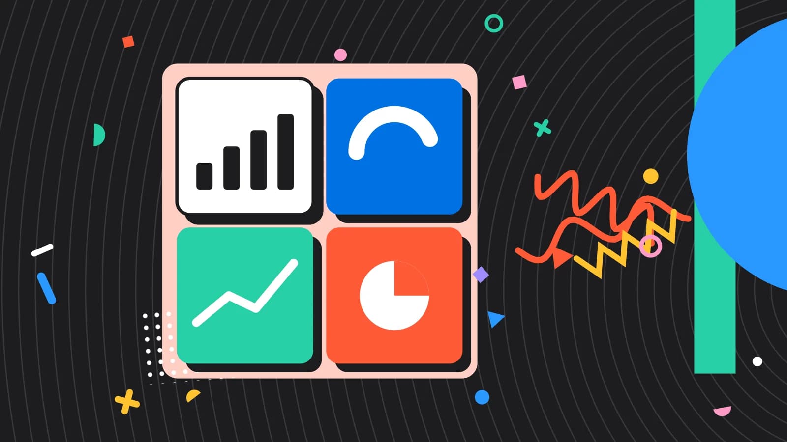 Illustration for improve restaurant operations: a dashboard of four tiles, each with a small chart, in coral and mint on black.