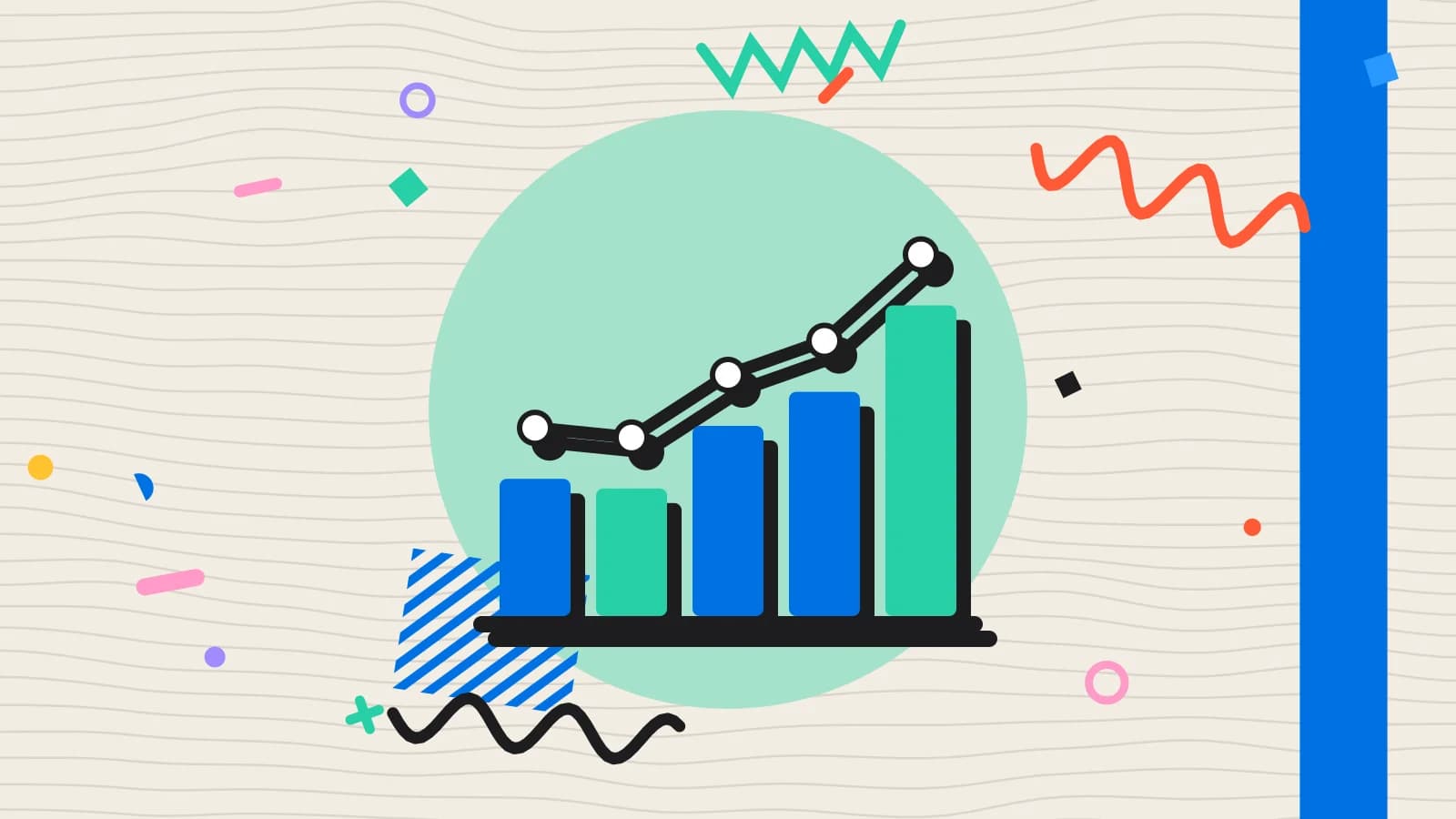 Illustration for improving profit: a bar chart with a rising line, in mint and blue on cream.