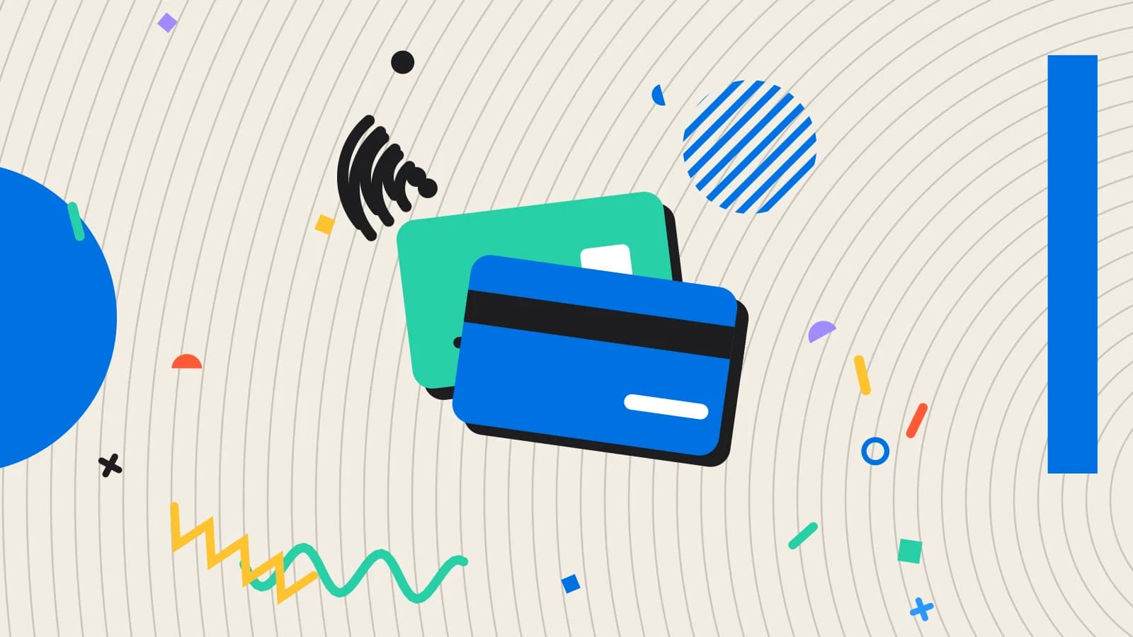 Illustration for increasing average spend: two payment cards with contactless waves, in mint and blue on cream.