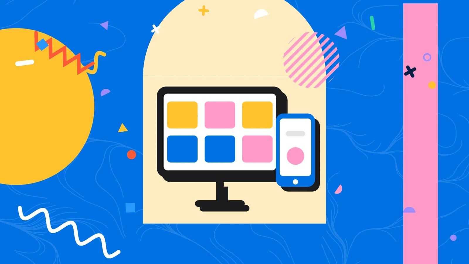 Illustration for instagram for restaurants: a tablet and a phone showing simple blocks, in yellow and pink on blue.