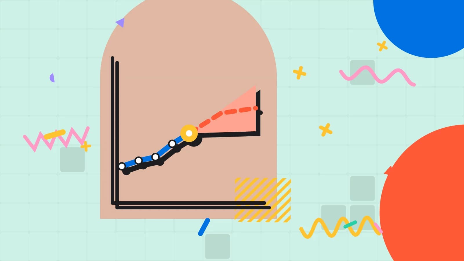 Illustration for january trade: a trend line running on into a dashed forecast, in coral and yellow on pale mint.