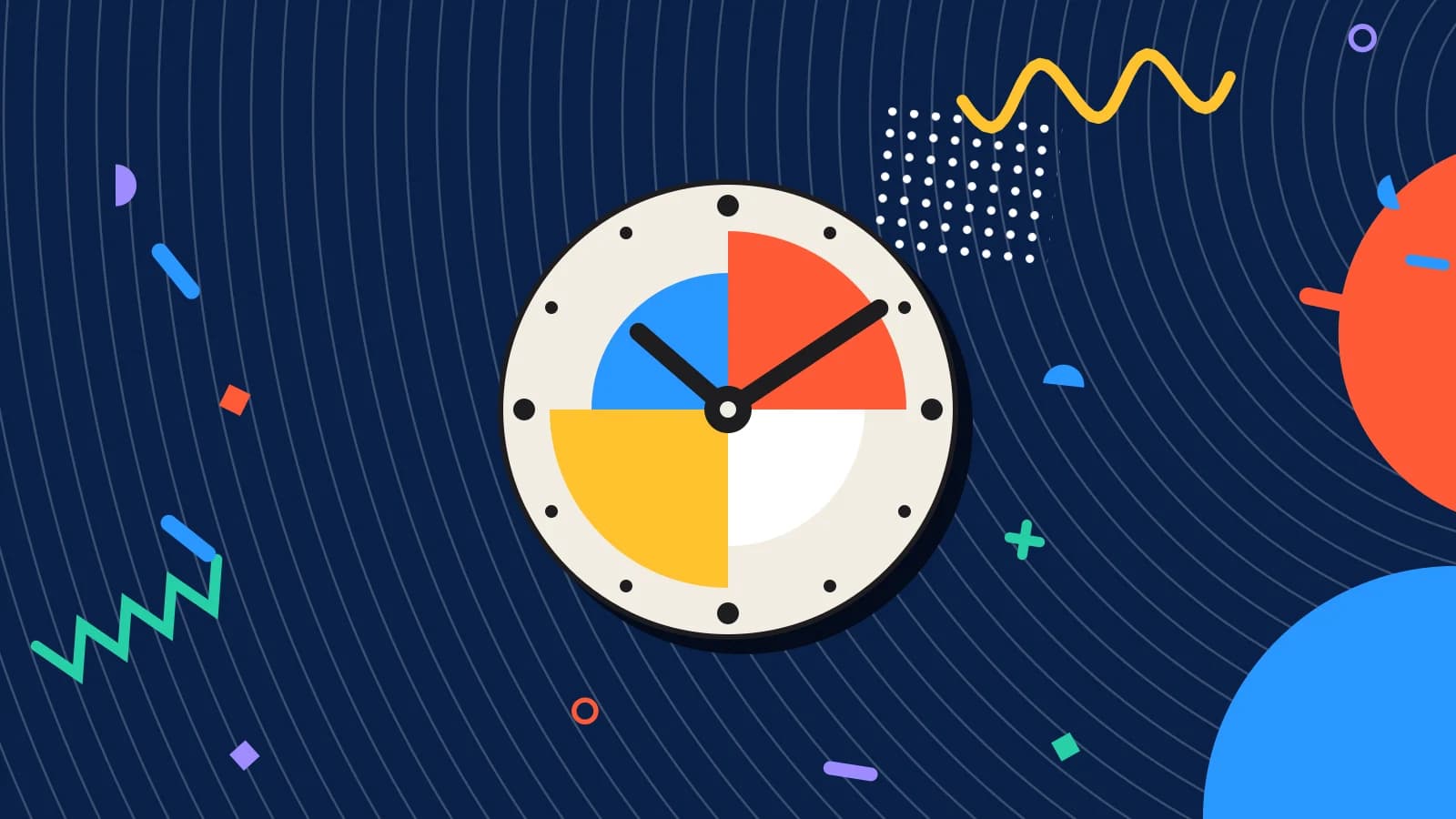 Illustration for standby list: a clock face made of quarter circles, in coral and yellow on navy.