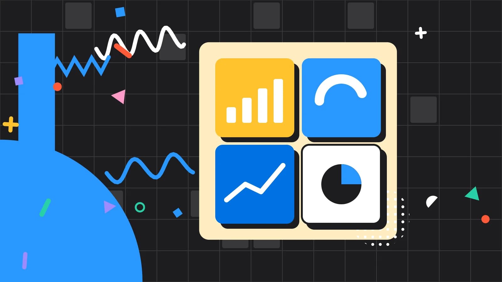 Illustration for kitchen display benefits: a dashboard of four tiles, each with a small chart, in yellow and light blue on black.