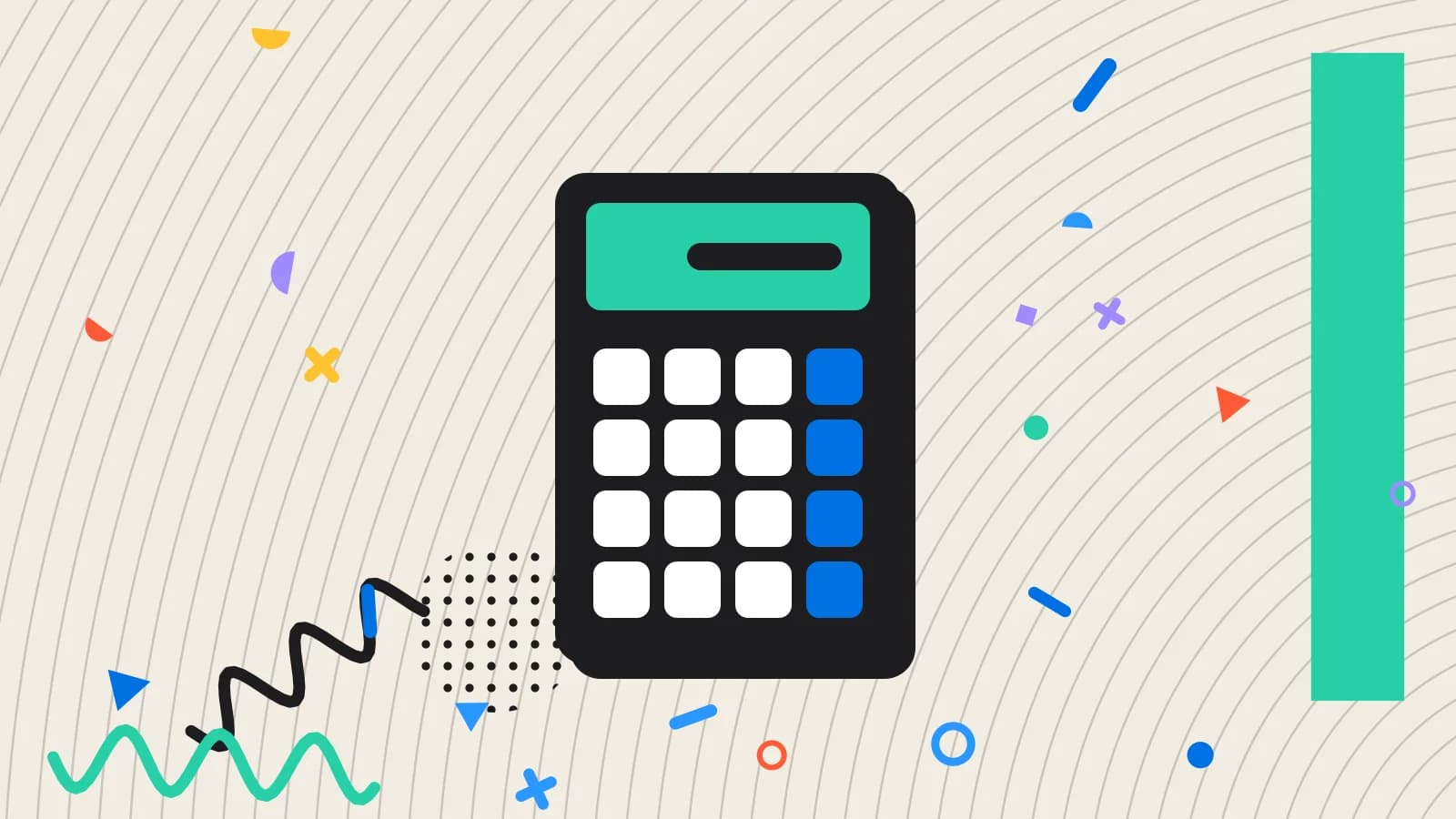 Illustration for labour cost: a calculator with a keypad of coloured keys, in mint and blue on cream.