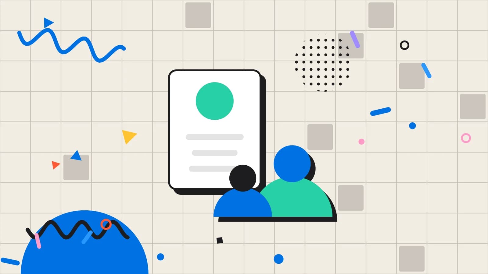 Illustration for labour cost percentage: figures made of circles and arches beside a guest profile card, in mint and blue on cream.