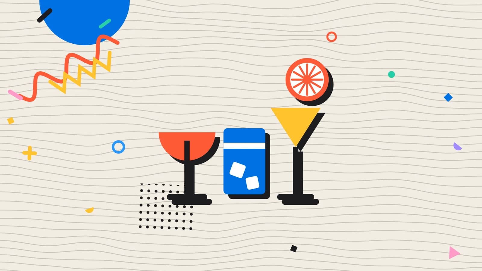Illustration for liquor inventory: a wine glass, a tumbler and a cocktail beside a slice of lemon, in yellow and coral on cream.