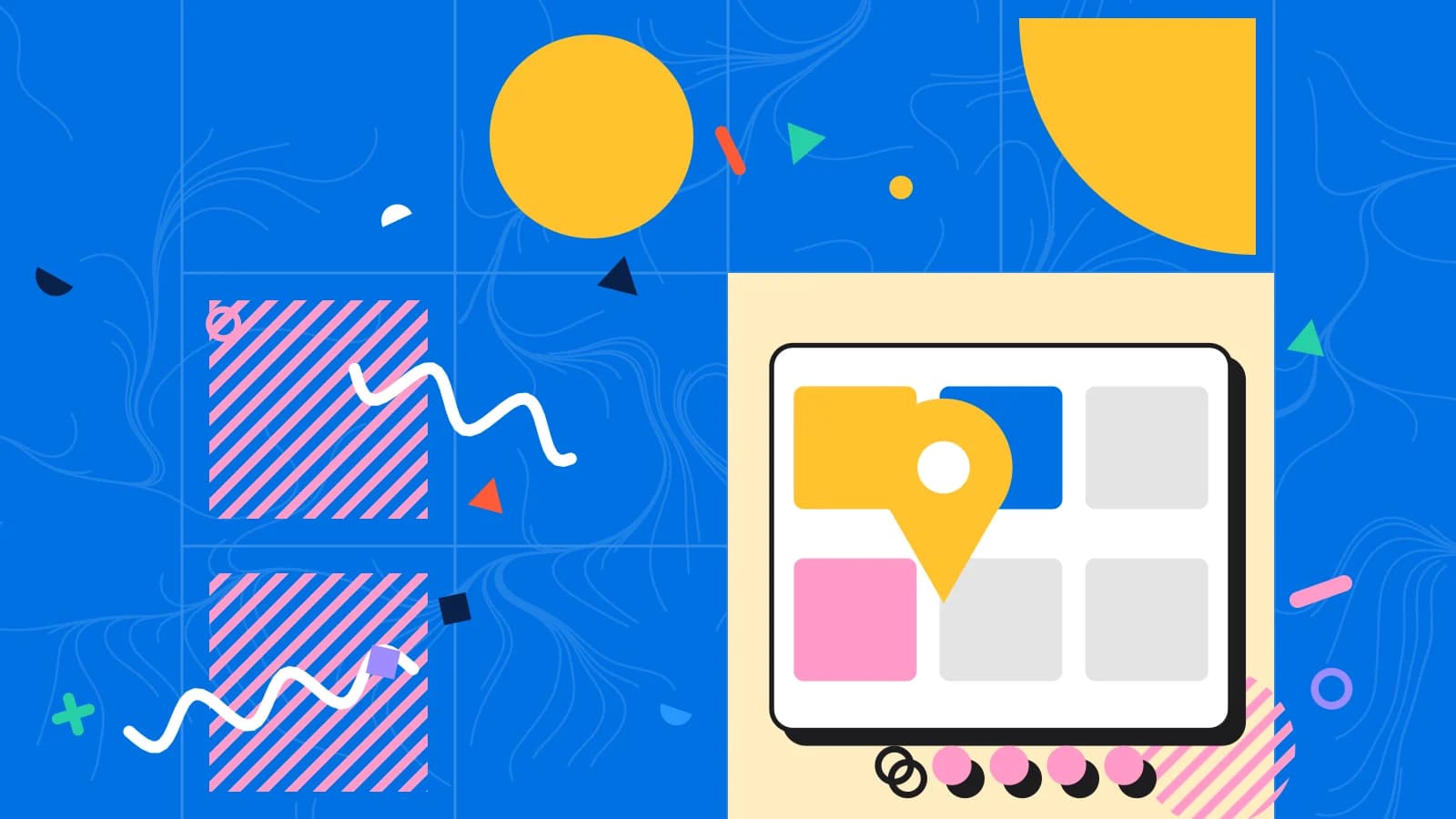 Illustration for local seo: a location pin on a street map above a row of rating dots, in yellow and pink on blue.