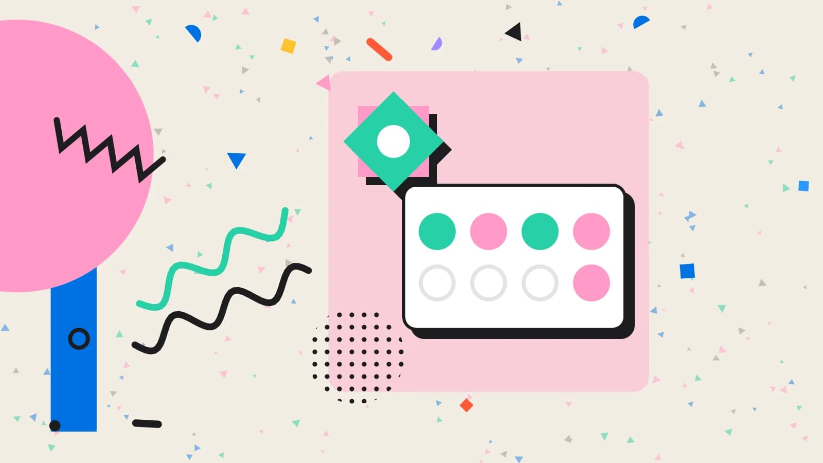 Illustration for loyalty cost: a stamp card beside an eight point star, in pink and mint on cream.