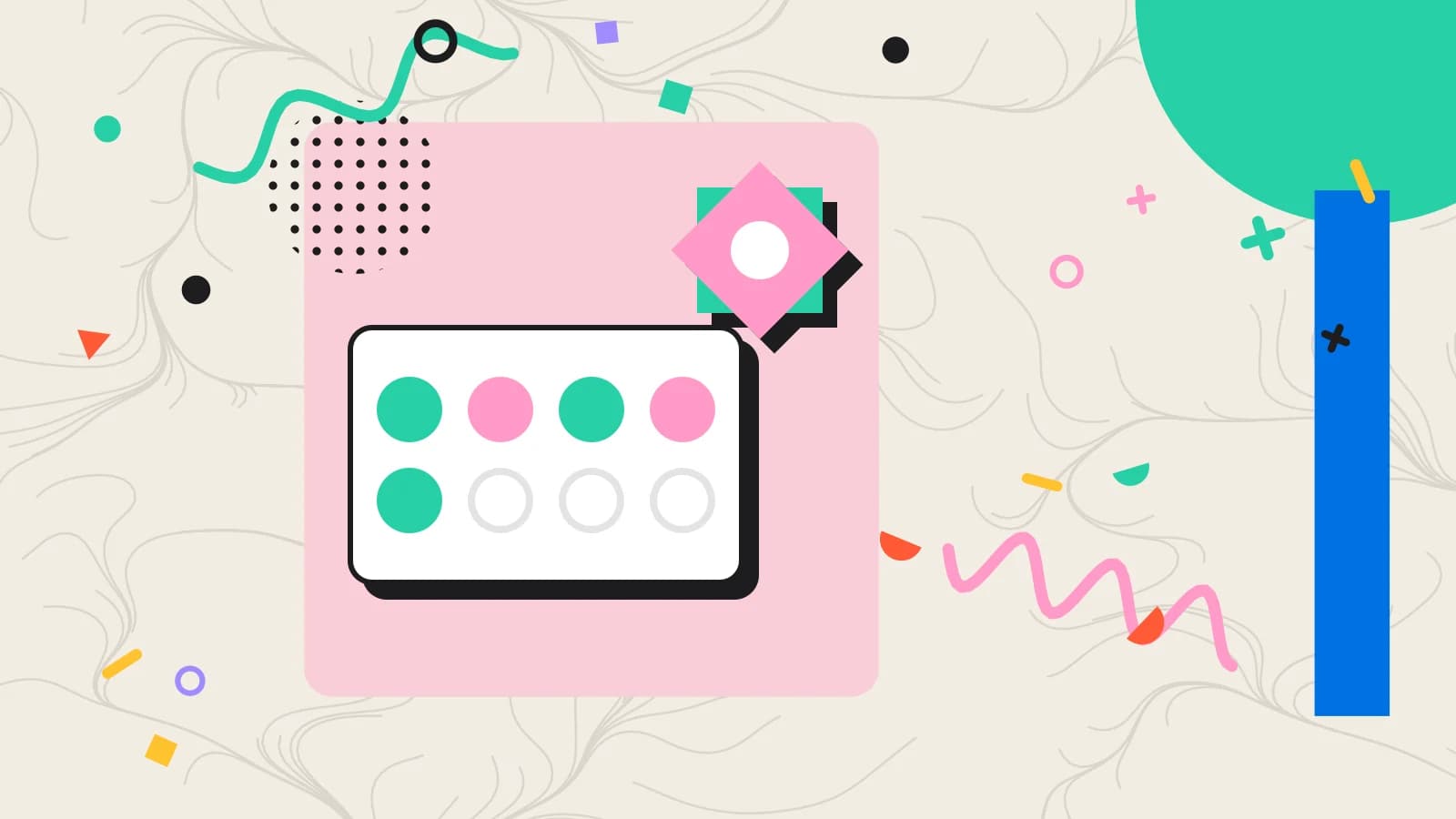 Illustration for loyalty for a small venue: a stamp card beside an eight point star, in pink and mint on cream.