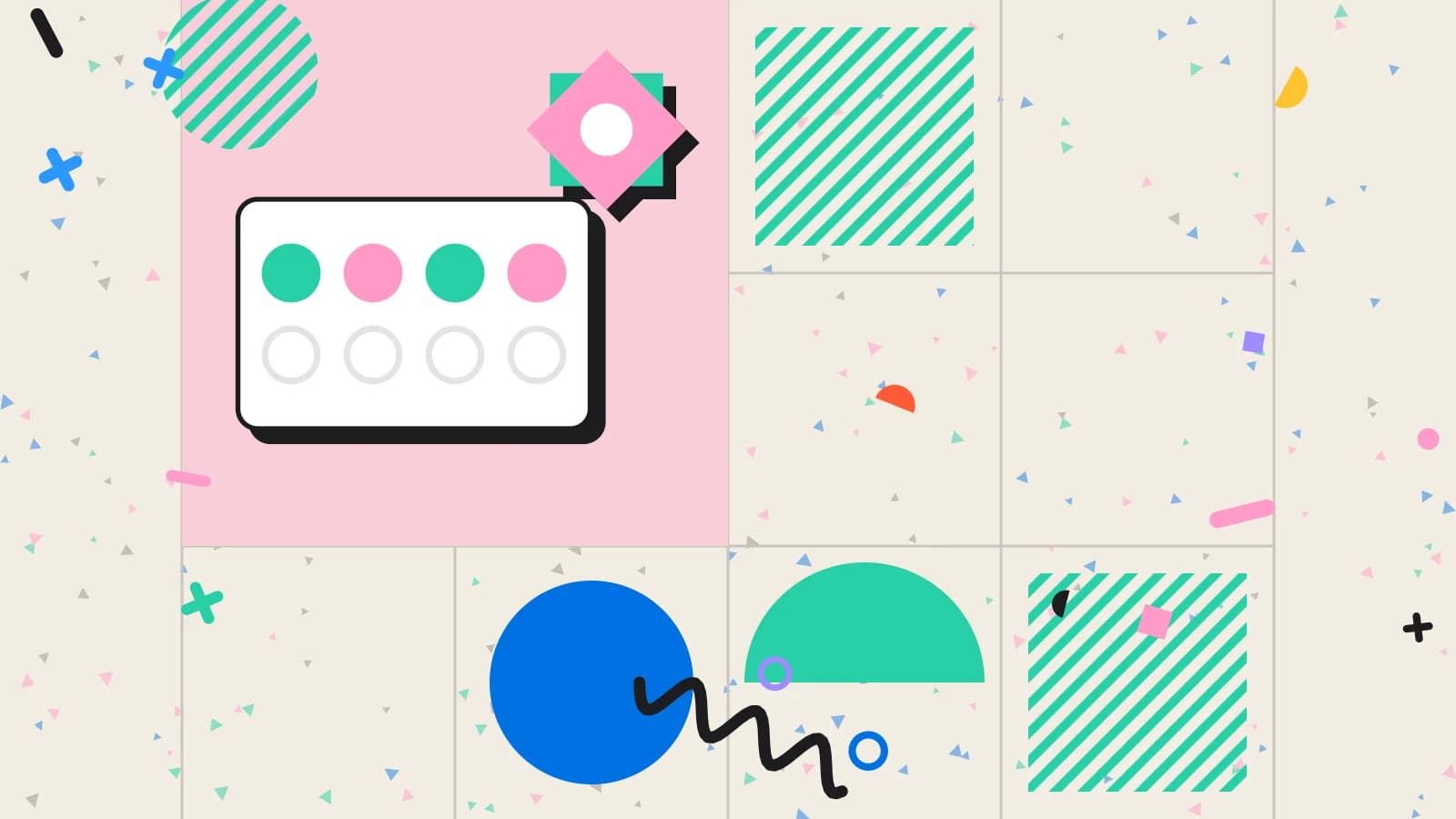 Illustration for loyalty sign up: a stamp card beside an eight point star, in pink and mint on cream.