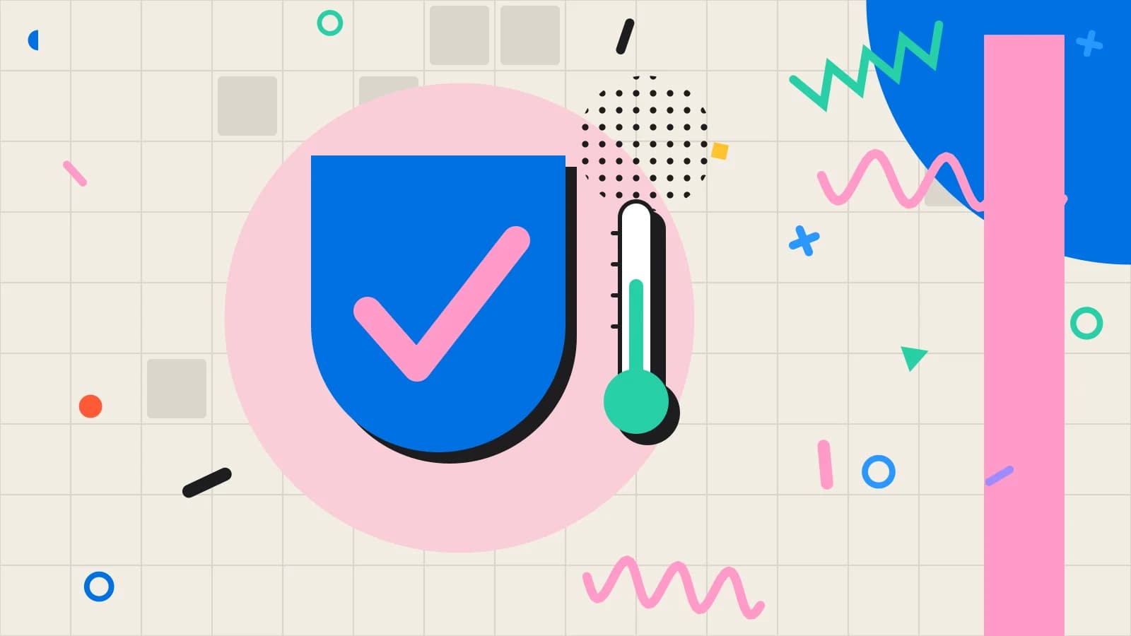 Illustration for marketing consent: a shield with a check mark beside a thermometer, in pink and mint on cream.