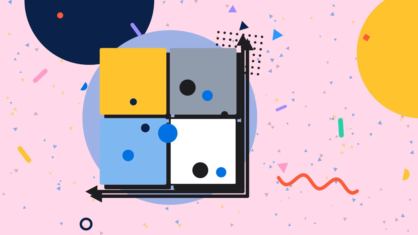 Illustration for menu descriptions: a four quadrant matrix with dishes plotted on it, in blue and yellow on pale pink.