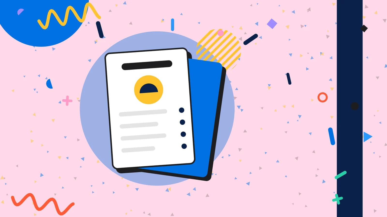Illustration for menu design: a menu card with a featured dish and lines of text, in blue and yellow on pale pink.