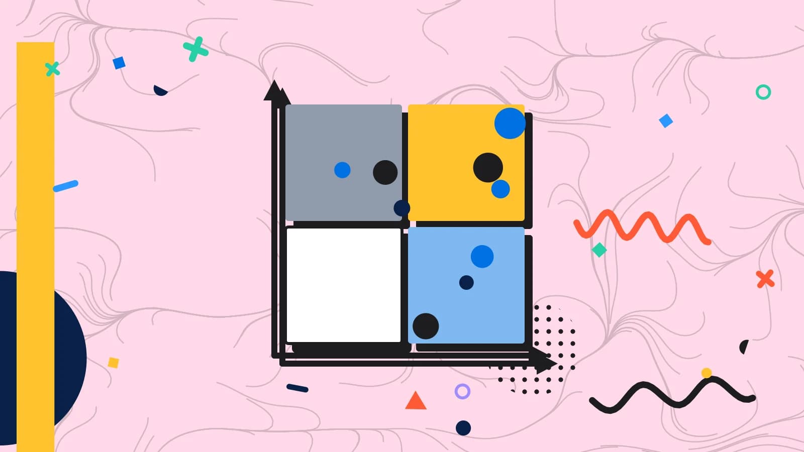 Illustration for menu engineering: a four quadrant matrix with dishes plotted on it, in blue and yellow on pale pink.