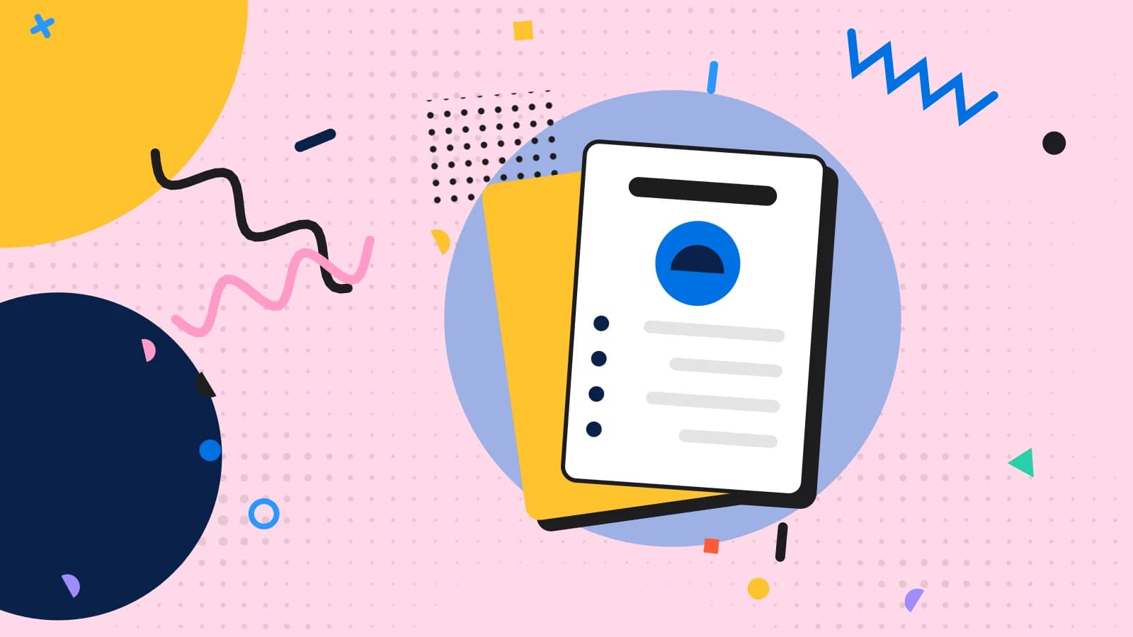 Illustration for menu management: a menu card with a featured dish and lines of text, in blue and yellow on pale pink.