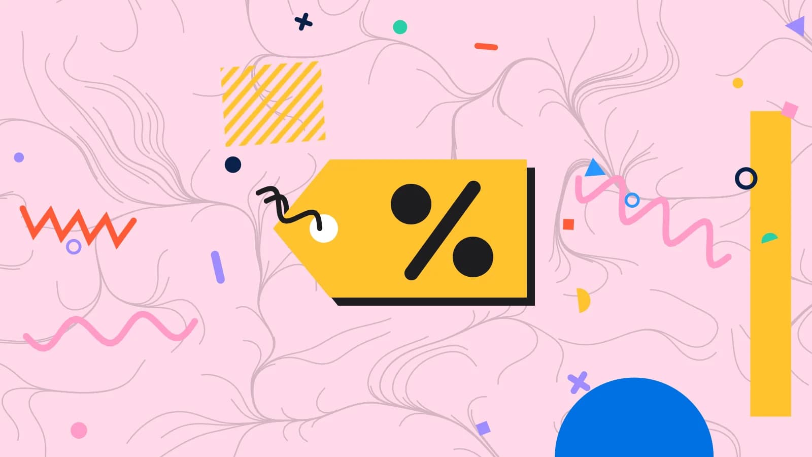 Illustration for menu pricing: a price tag with a percent sign, in blue and yellow on pale pink.