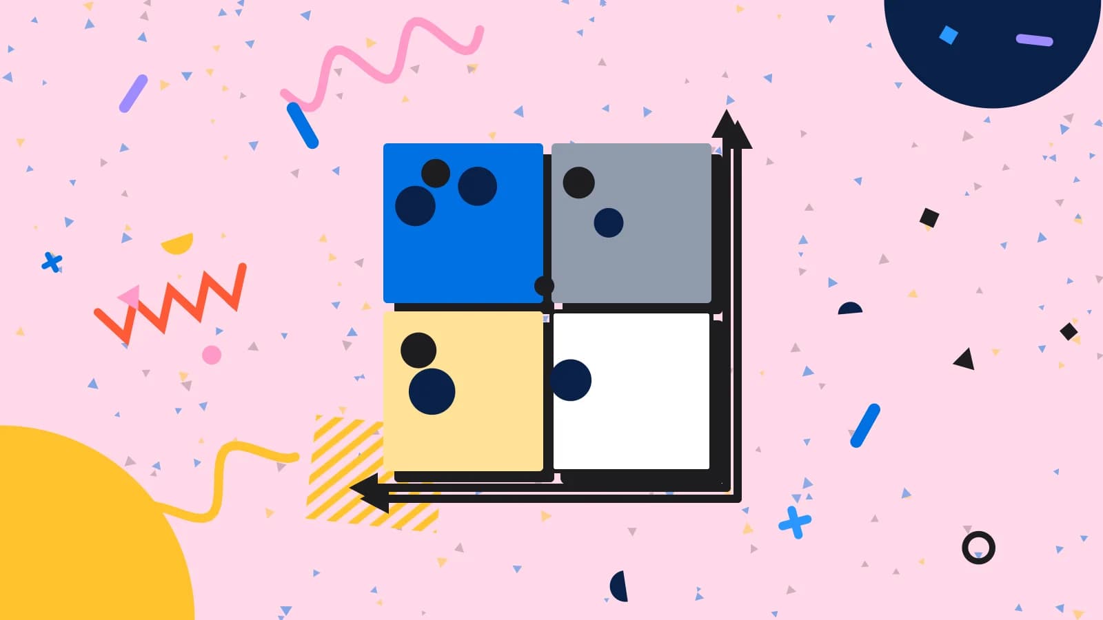 Illustration for menu size: a four quadrant matrix with dishes plotted on it, in blue and yellow on pale pink.