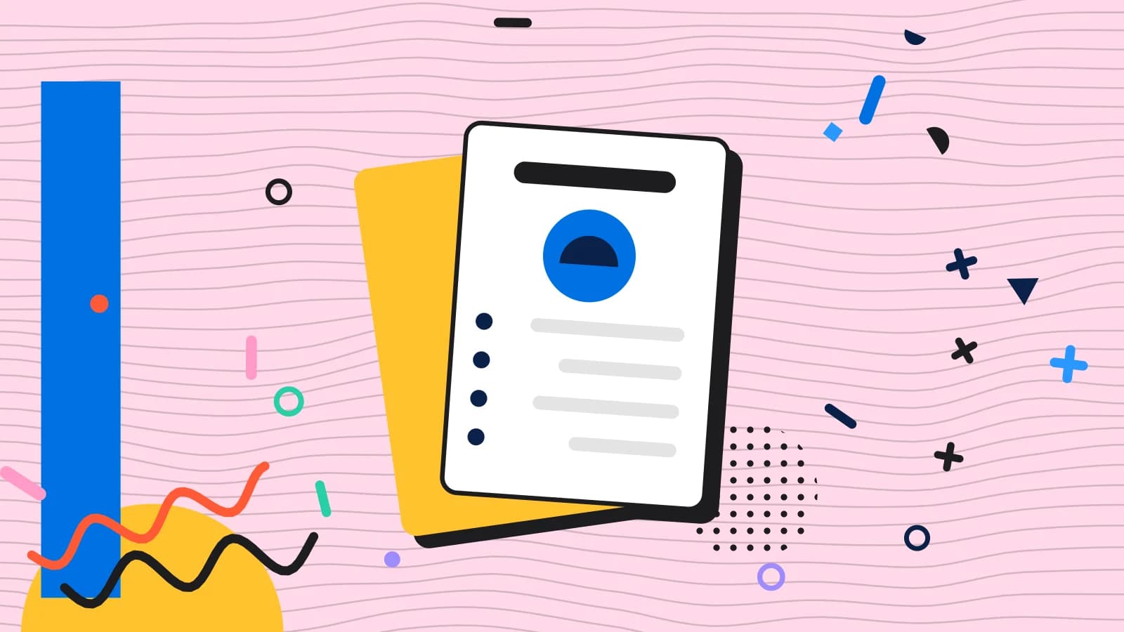 Illustration for modifiers: a menu card with a featured dish and lines of text, in blue and yellow on pale pink.