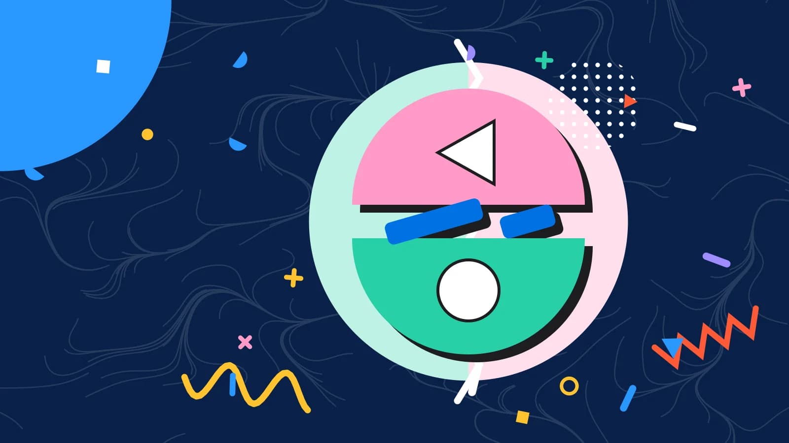 Illustration for monthly vs weekly stocktakes: two half circles facing each other across a slashed line, in mint and pink on navy.