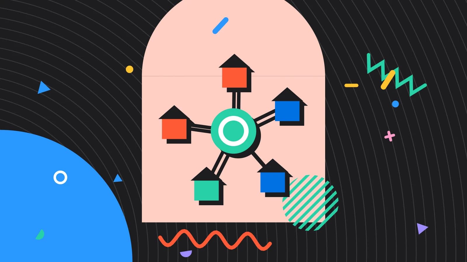 Illustration for multi venue operations: venues linked to one central hub, in coral and mint on black.