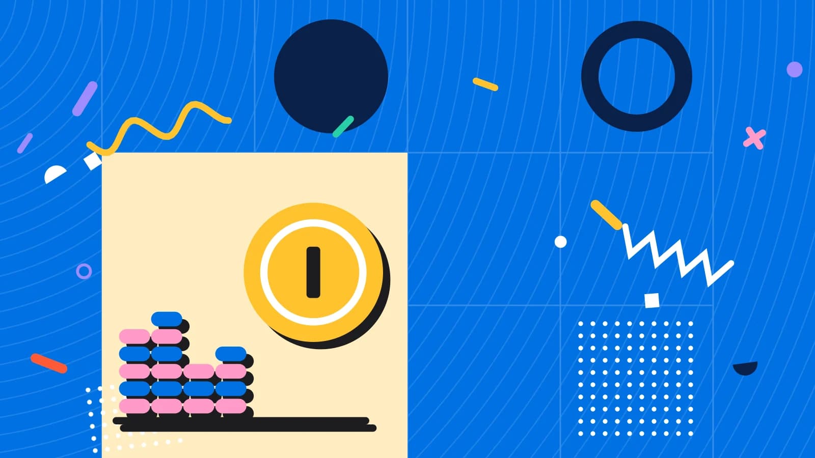 Illustration for offer margin: stacked coins beside a large coin, in yellow and pink on blue.