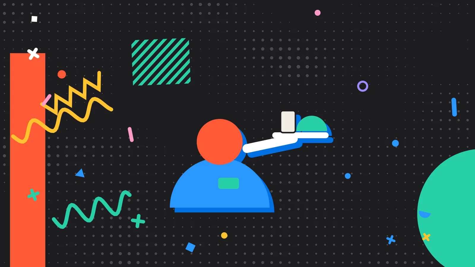 Illustration for onboarding staff: a figure in uniform carrying a tray, in coral and mint on black.