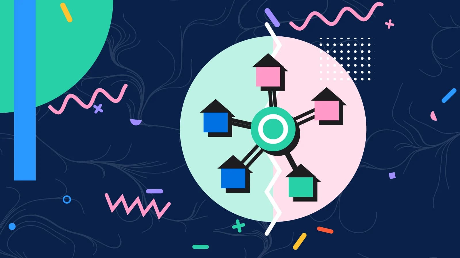 Illustration for one bundle vs separate systems: venues linked to one central hub, in mint and pink on navy.