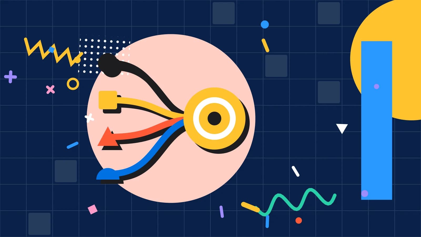 Illustration for online booking on your own site: four paths converging on one point, in coral and yellow on navy.