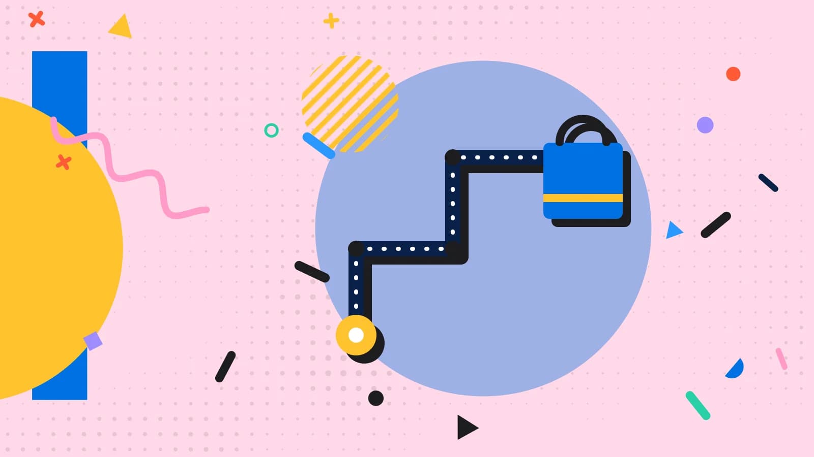 Illustration for online ordering: a delivery route ending at a takeaway bag, in blue and yellow on pale pink.