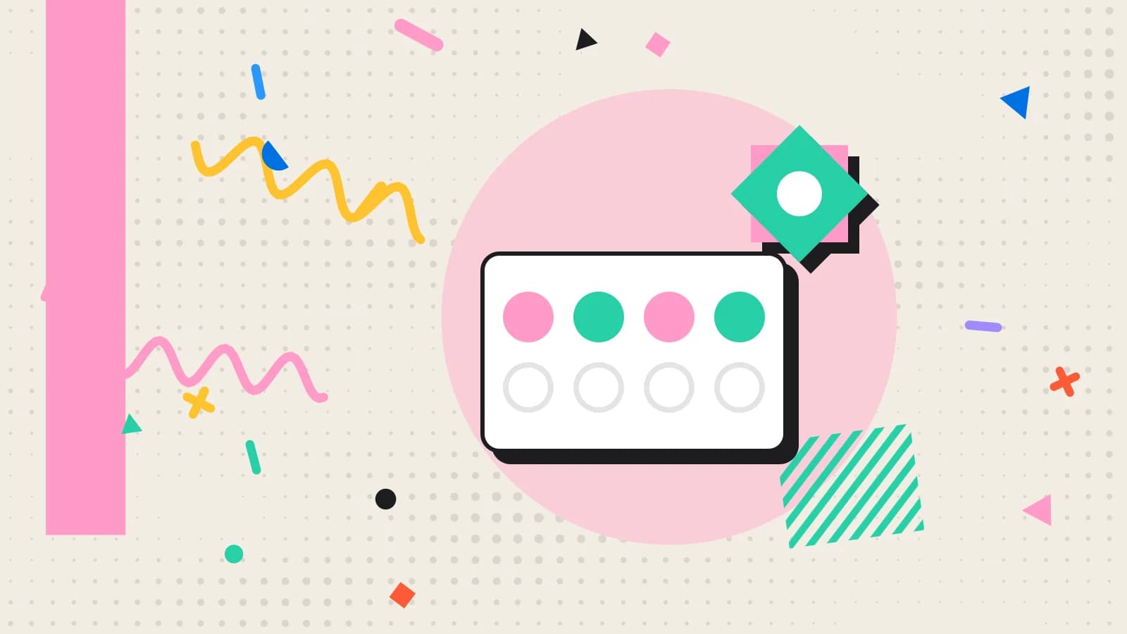 Illustration for online reviews: a stamp card beside an eight point star, in pink and mint on cream.