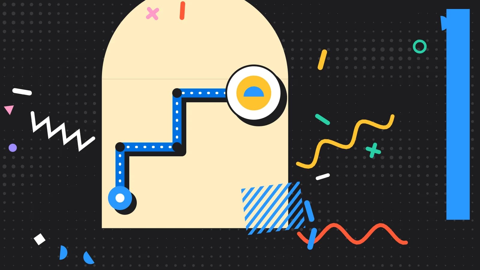 Illustration for order management: a route from the table to the pass, ending at a plate, in yellow and light blue on black.
