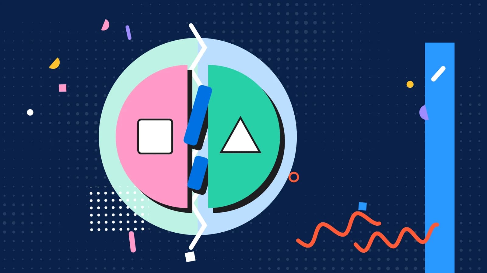 Illustration for own delivery vs aggregator: two half circles facing each other across a slashed line, in mint and pink on navy.