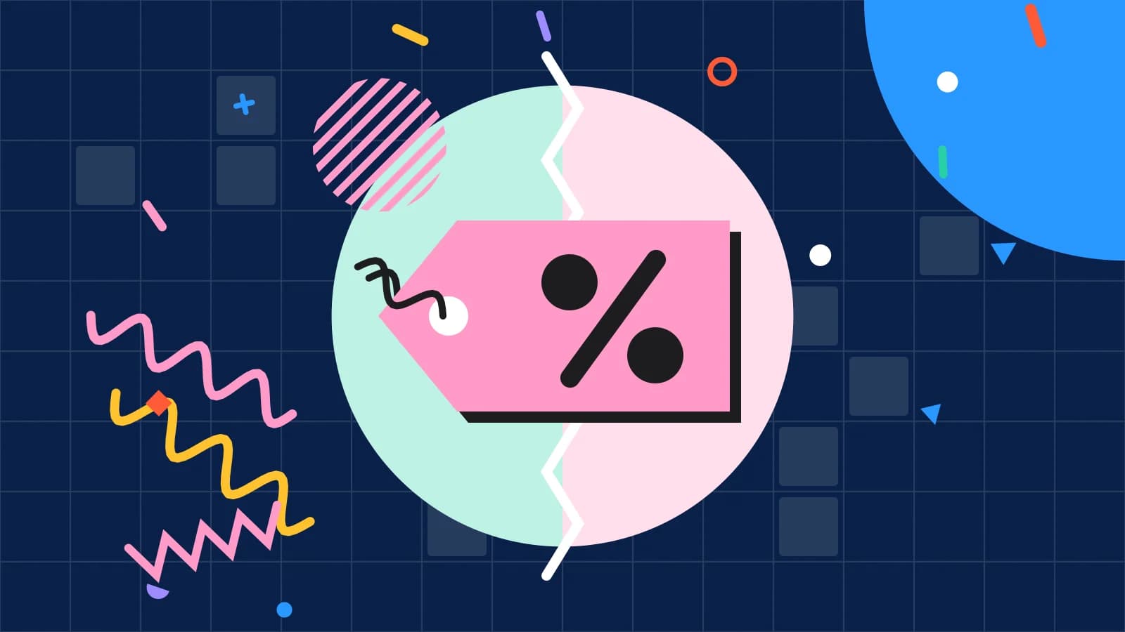 Illustration for per cover fees vs flat monthly price: a price tag with a percent sign, in mint and pink on navy.
