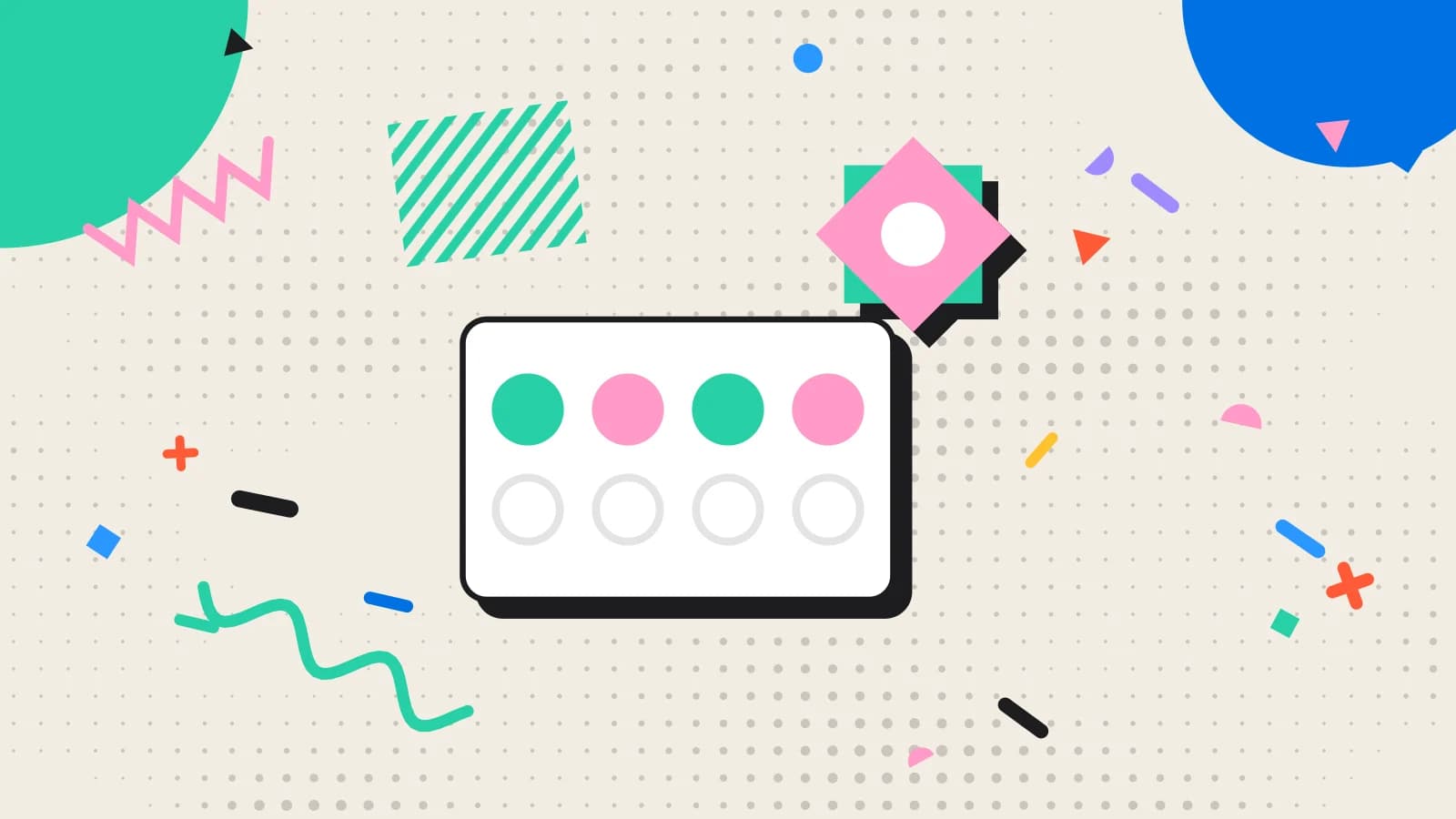 Illustration for points based loyalty: a stamp card beside an eight point star, in pink and mint on cream.